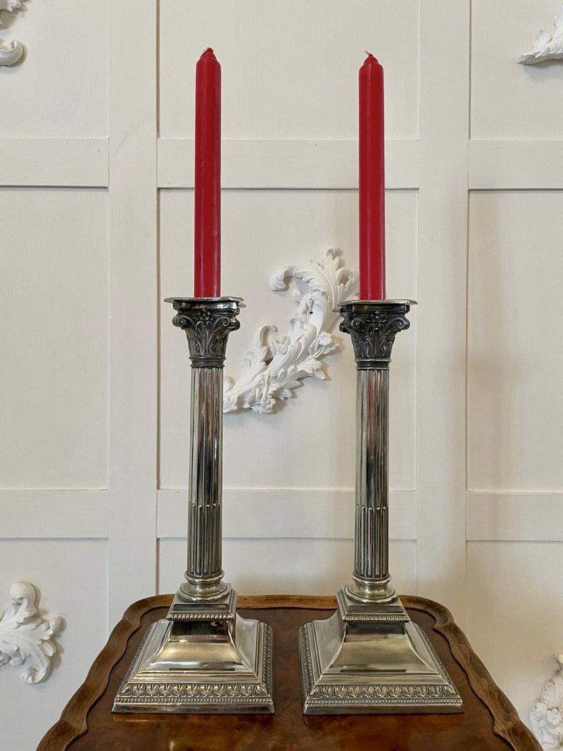 Antique Pair of Silver Plated Corinthian Candlesticks - Image 3